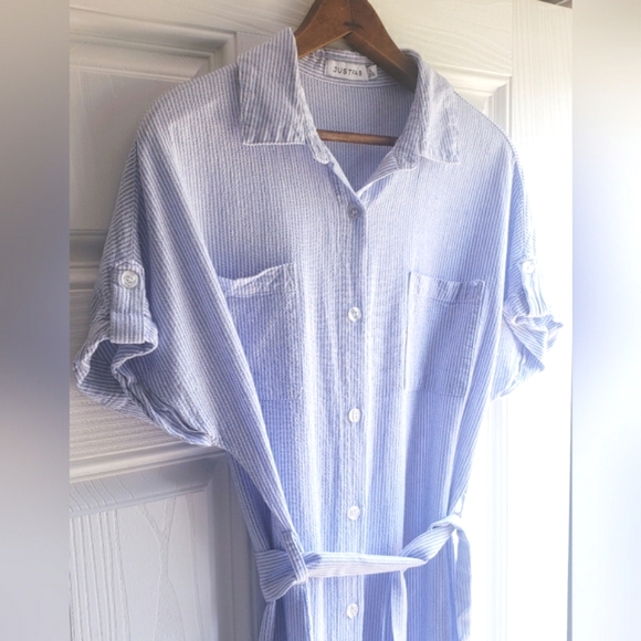 JustFab Linen Dolman Sleeve Shirt Dress Size Large Blue And White Stripes - Picture 5 of 11